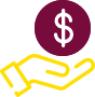 yellow hand outline holding a dollar sign in a maroon circle